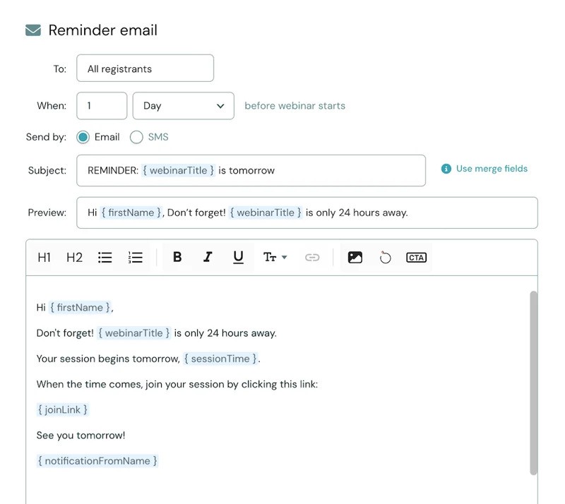 eWebinar: Automated Reminder Email for Upcoming Webinar