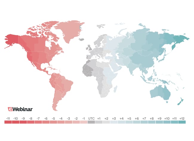 Carte avec code couleur des fuseaux horaires pour chaque pays du monde (de -11 à +12).