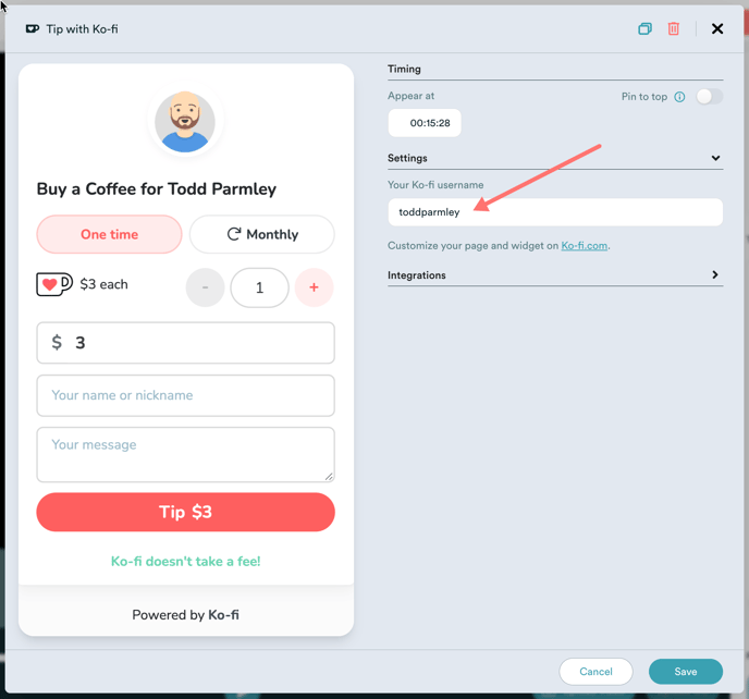 Modifier la modale pour l'interaction Ko-fi dans un eWebinar