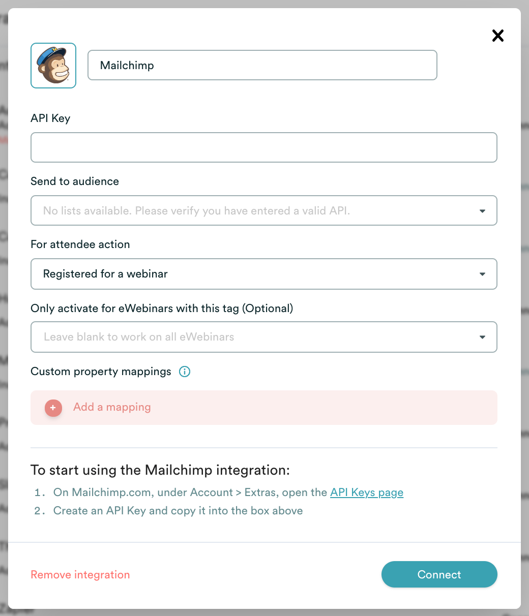 modal d'intégration d'eWebinar avec MailChimp