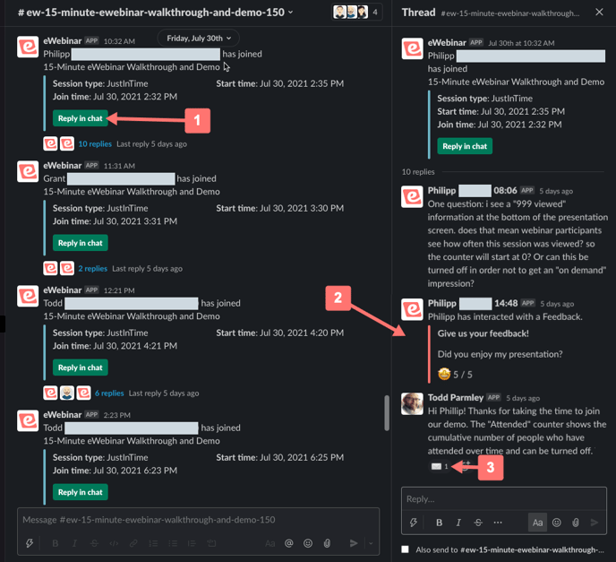 Message et fil de discussion Slack indiquant d'autres fonctionnalités