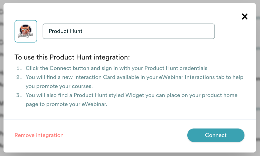 Modalité d'intégration d'eWebinar avec Product Hunt