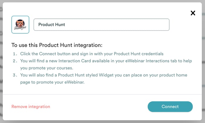 Modalité d'intégration d'eWebinar Product Hunt