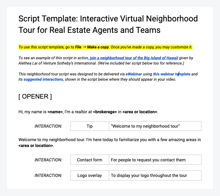 Modèle de script de visite virtuelle de quartier