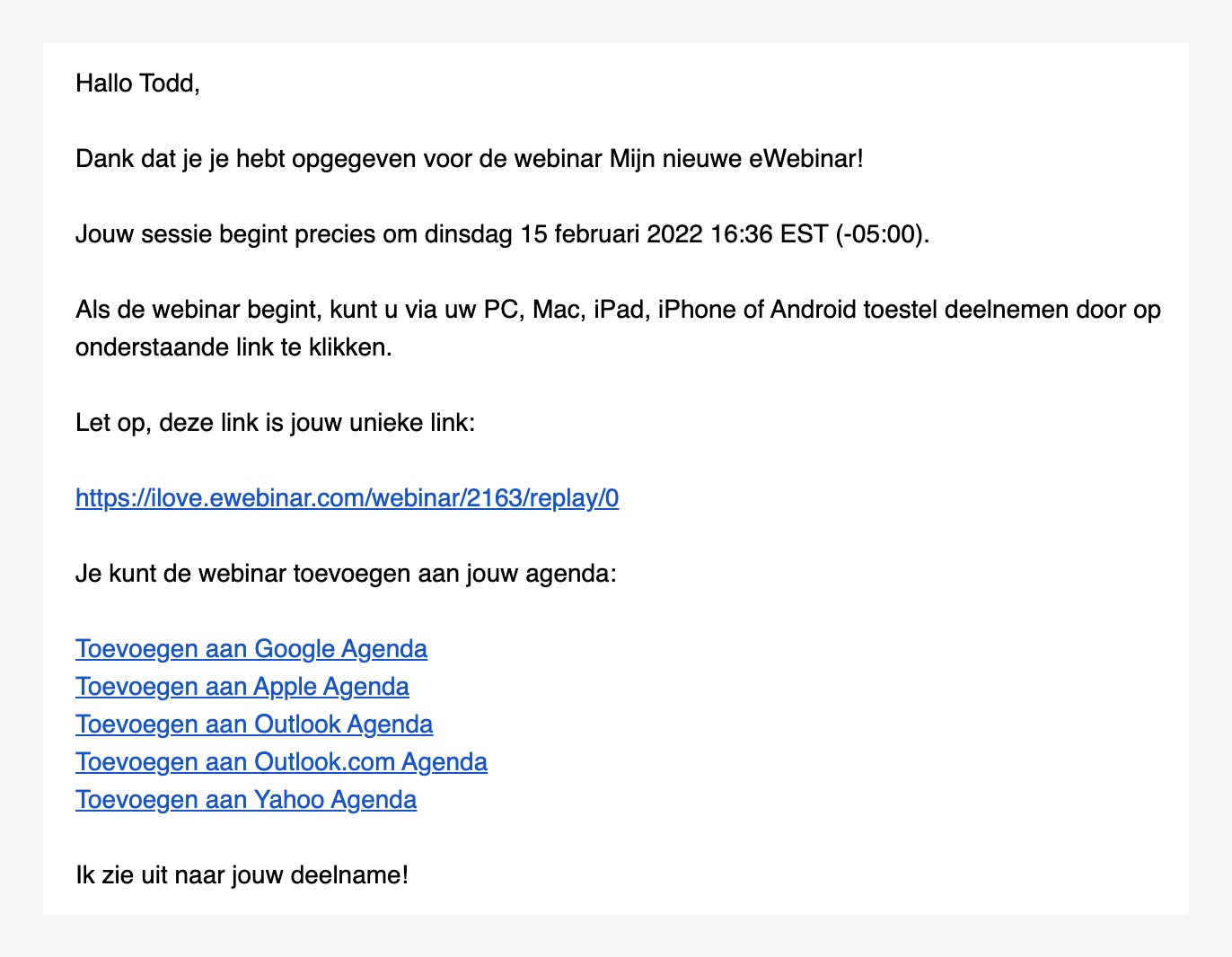 Courriel de confirmation dans le modèle standard d'eWebinar en néerlandais