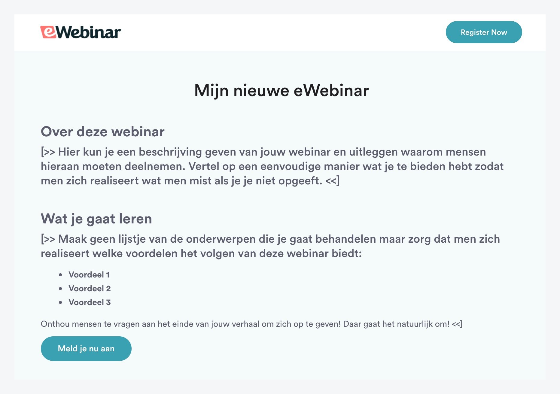 Page d'inscription dans le modèle standard d'eWebinar en néerlandais