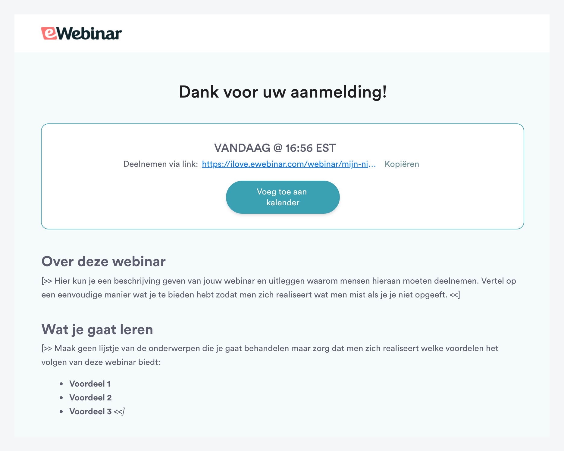 Page de remerciement dans le modèle standard d'eWebinar en néerlandais