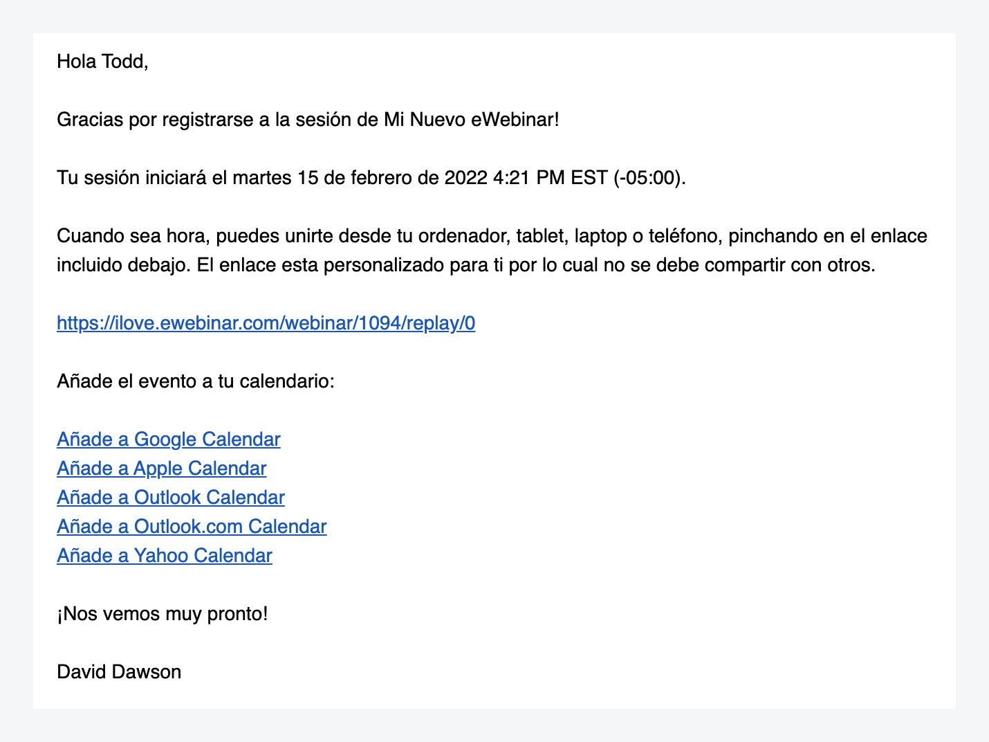 Courriel de confirmation dans le modèle standard d'eWebinar en espagnol