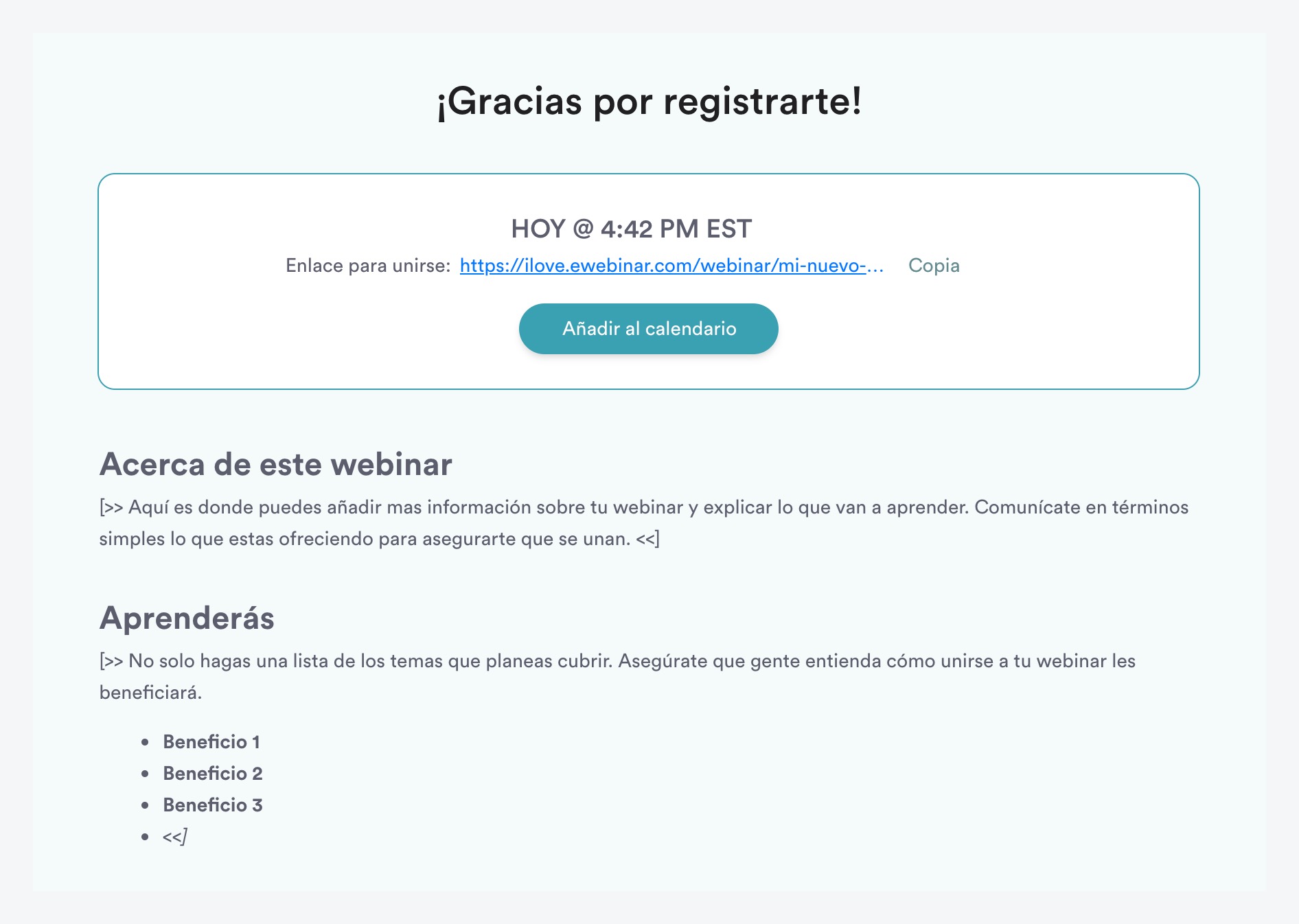 Page de remerciement dans le modèle standard d'eWebinar en espagnol